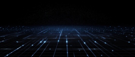 A futuristic digital landscape with a grid-like pattern, illuminated by glowing points of light against a dark background.