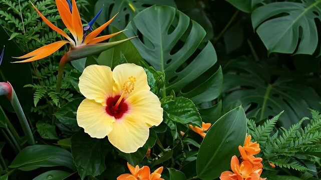 Vibrant tropical flowers, including a yellow hibiscus and bird of paradise, among lush green monstera leaves and ferns.