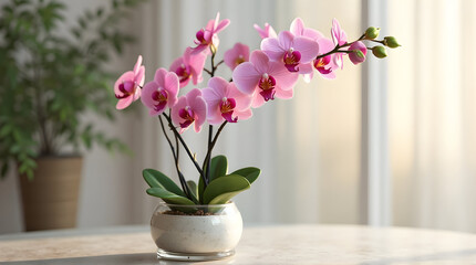 Blooming Pink Orchid Plant in Pot on Table Indoors