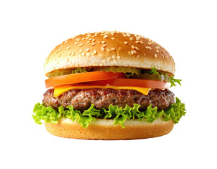 Close-up of a classic cheeseburger on a sesame seed bun, topped with lettuce, tomato, pickle, and cheese