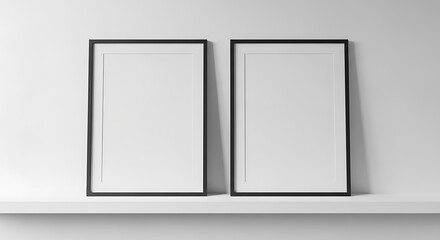 Blank Black Picture Frames on White Shelf.
