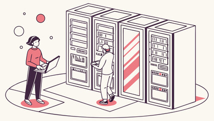 Two IT specialists working with server racks and a laptop.