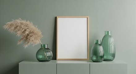 Green Wall Decor with Blank Frame and Vases.