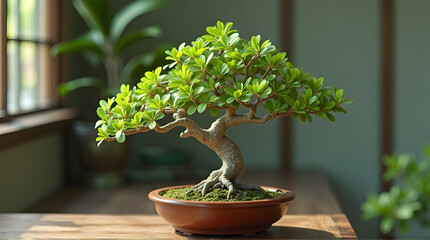 Bonsai Tree Growing Indoors in Pot on Table