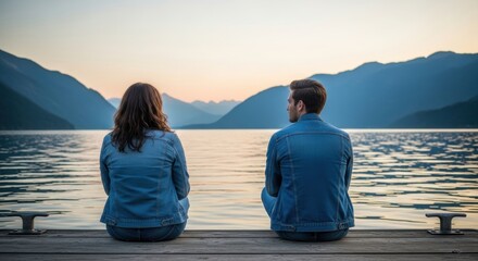 Young caucasian couple in denim enjoying serene lake and mountain sunset