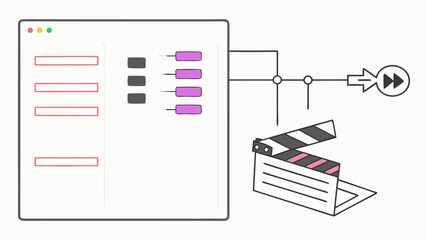 Video editing software interface with clapperboard and fast forward button illustration.