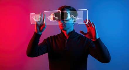 Young caucasian male exploring virtual reality with vr headset and holographic displays