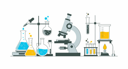 Science Lab Equipment Beakers Microscope and Test Tubes with Colorful Liquids.