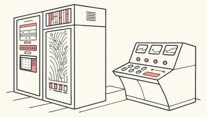 Vintage Computer System Retro Technology Illustration Data Processing Equipment Mainframe Control Panel Digital Design Schematic Drawing 1970s Technology Old Computer Classic Hardware Retro Computing.