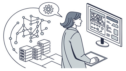 Woman working on computer data analysis network connection isometric illustration technology concept.