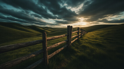 Fototapeta premium Rolling Hills Landscape with Wooden Fence: A captivating landscape featuring a weathered wooden fence gracefully meandering across rolling green hills beneath a dramatic, cloud-filled sky.