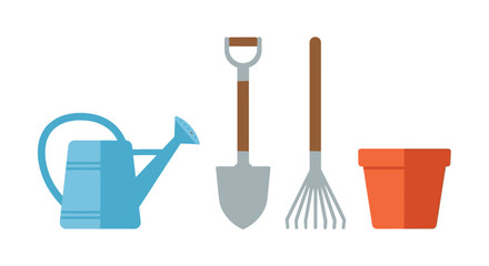 Gardening Tools Set Blue Watering Can Shovel Rake and Orange Pot.