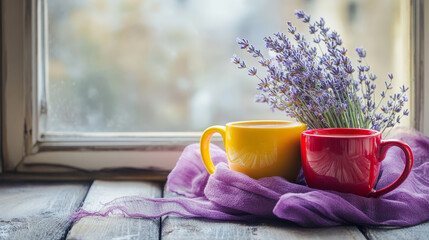 Two colorful cups, red and yellow, nestled in a purple scarf with lavender decoration, evoking the aroma of coffee by the window