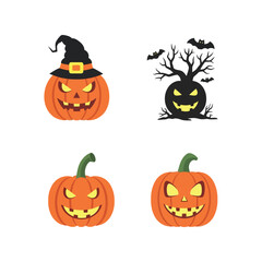 Halloween pumpkin spooky jack o lantern carved faces witch hat scary tree bats festive autumn celebration icons vector
