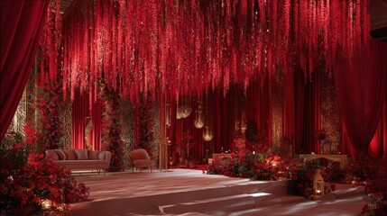A lavish red-themed interior with floral decorations, draped fabrics, and elegant furniture, creating an opulent atmosphere for events or celebrations.