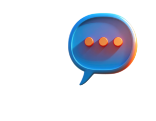 3D rendered, stylized speech bubble icon, blue with orange dots,  glowing effect