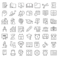 Education Line Icons Editable Stroke. Book, Audiobook, E-Reader, Studying, Tutorial, Personal Organizer, Diary, learning and research in education, school or college.