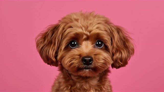 An adorable fluffy brown puppy with big innocent eyes looking directly at the camera on a pink background.