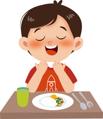 little boy pray before  eating breakfast