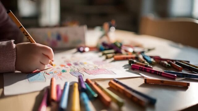 Creative Expression: A child's hand delicately guides a pencil across paper, bringing vibrant colors to life amidst a palette of crayons, showcasing creativity and artistic exploration.