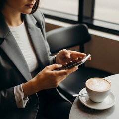 Businesswoman Using Smartphone in Cafe.