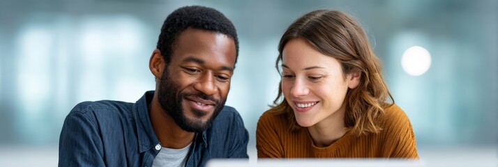 Young professionals collaborating on laptop, smiling while working together in bright modern office, representing innovative teamwork and digital technology development