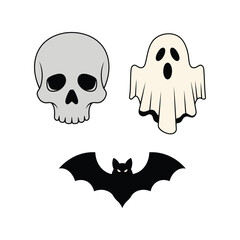 Spooky halloween icons skull ghost bat cute cartoon graphics for holiday design vector