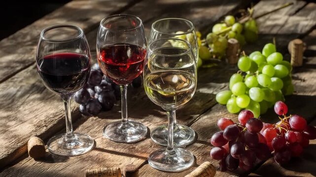 Elegant wine tasting with red, white, and black grapes on rustic wood