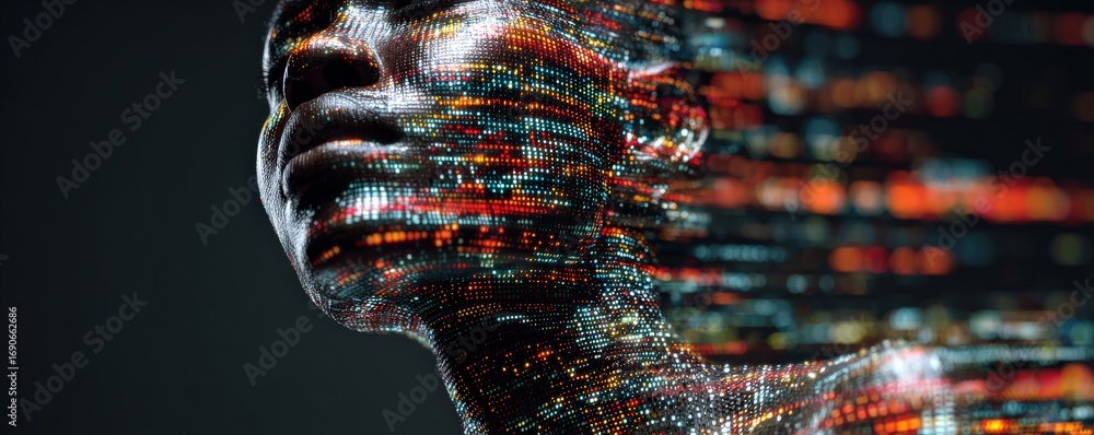 Poster a digital representation of a human face merging with vibrant, glowing data streams, illustrating th