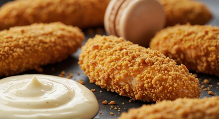 Crispy battered chicken tenders are showcased with a creamy sauce atop a dark surface amid a few outoffocus treats
