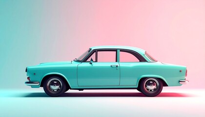 Vintage mint-green classic car, pastel studio background, glossy finish, stylized 3D render.