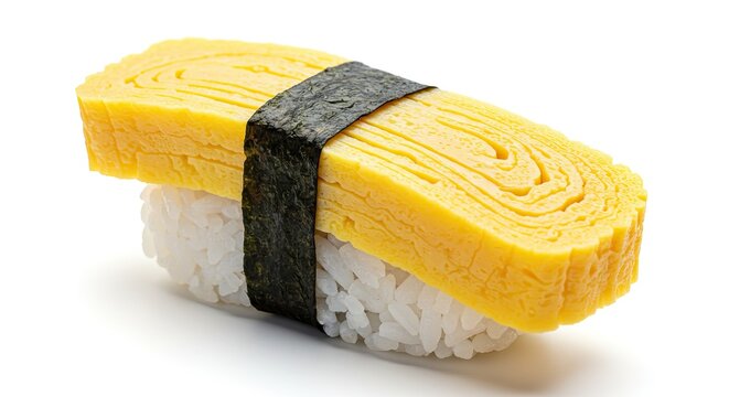 Closeup of tamago nigiri sushi showcasing the layered egg atop rice and seaweed