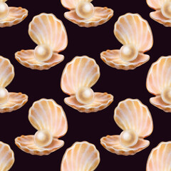 Seamless pattern with open seashell holding a pearl. Hand-drawn watercolor illustration. Marine-style design on dark background. Perfect for fabric, packaging, summer decor, and beach products.