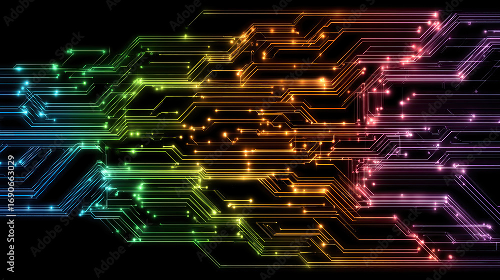 Aufkleber glowing digital circuit patterns transforming into fractal art, bright neon lines on deep black.
