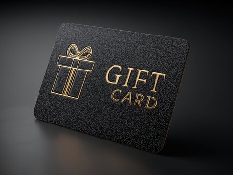 Elegant black gift card with golden present icon and text for holidays and special occasions