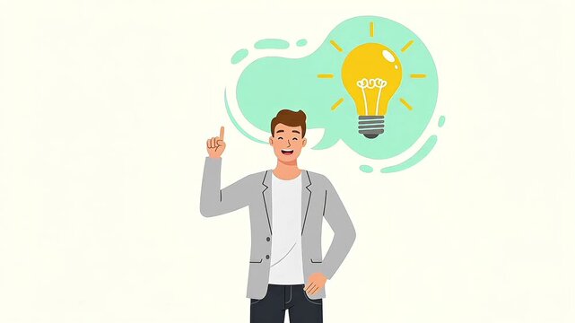 An illustration of a young man with a new idea, pointing up to a glowing light bulb in a thought bubble - Powered by Adobe
