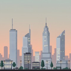 Obraz premium Flat-vector illustration of a modern city skyline at dusk with simple shapes and muted colors.
