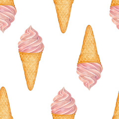 Watercolor hand-drawn illustration of pink ice cream cones arranged in a seamless repeating pattern on a white background. Perfect for textile, wallpaper, packaging, cards and summer design