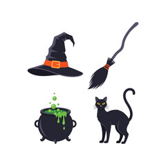 Halloween witch hat broom cauldron black cat spooky holiday icons vector