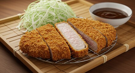 Sliced tonkatsu on a bamboo tray with shredded cabbage and dipping sauce