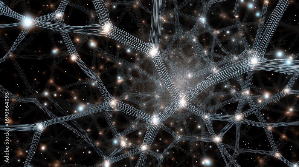 Poster holographic neural network fractal design, glowing web.