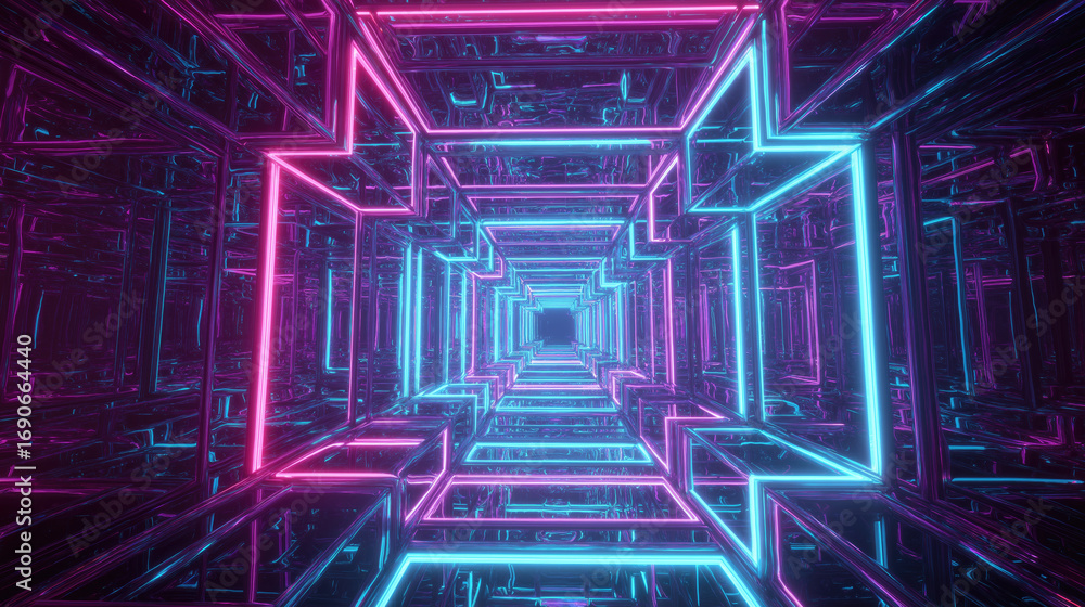 Poster infinite fractal tunnel made of neon glowing cubes.