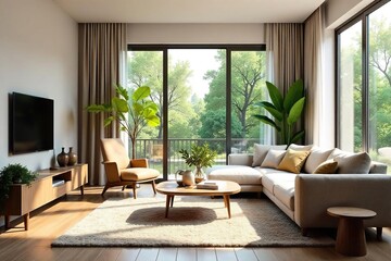 Cozy living room interior with comfortable seating, natural light streaming through large windows, and stylish decor Perfect for relaxation and family time , inviting, elegant, seating