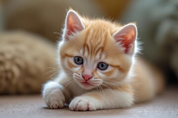 Adorable fluffy kitten sitting. Cute cat. Themes of pets, companionship, and cuteness
