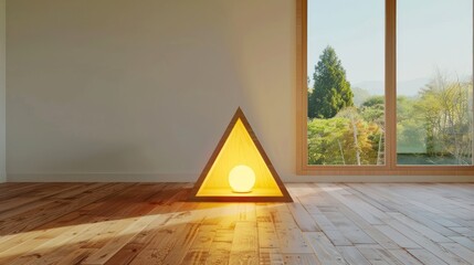 Warm Triangular Lamp with Glowing Sphere in Minimalist Room with Large Window