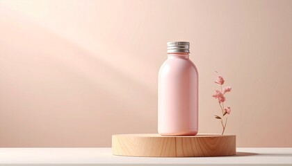 Pink dropper bottle with silver collar on wooden block and circular white backdrop