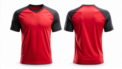 Stock Photos of a Red and Black V-Neck T-Shirt for Sports or Casual Wear, Front and Back Views of a Vibrant Red and Black V-Neck Jersey