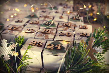 Christmas and advent calendar. Environmentally friendly homemade cardboard gift wrapping. Upcycling...