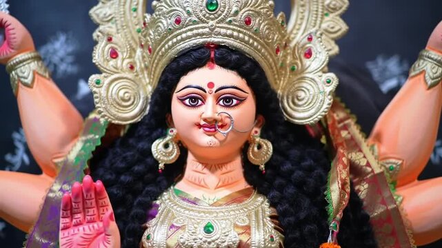 Close-up of a colorful Durga Puja idol with intricate jewelry and ornaments against a dark background.
