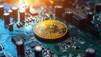 Golden Bitcoin coin on computer motherboard with glowing circuits symbolizing cryptocurrency and digital infrastructure